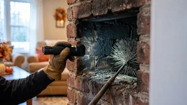 Fremont chimney technician shining a flashlight into a brick firebox during an inspection