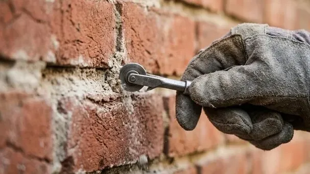 Fresh mortar joint tooled on a brick garden wall