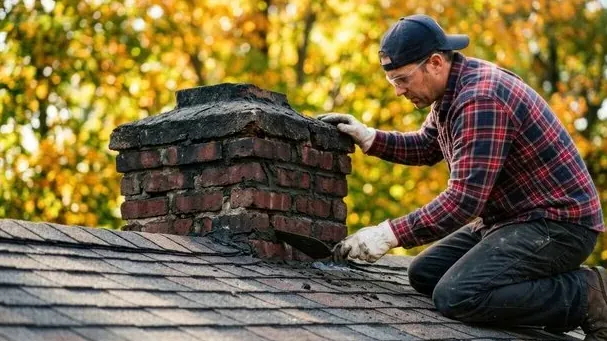 Mason on a Fremont roof checking the brick and crown of a chimney for earthquake cracks