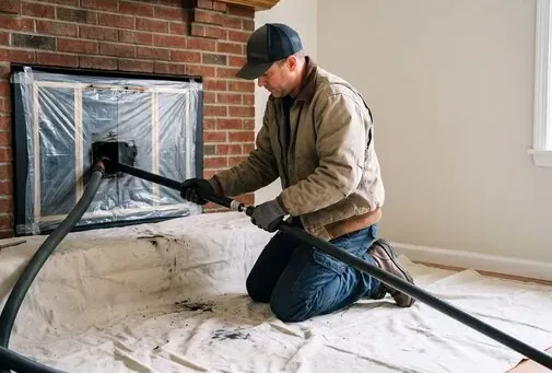 Hearth sealed with plastic while a HEPA vacuum runs