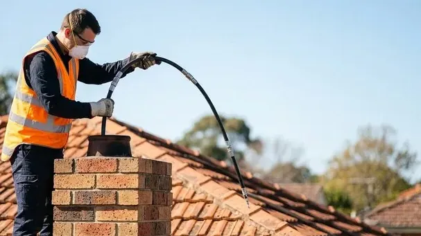 Technician feeding a stainless steel liner down a chimney from the roof